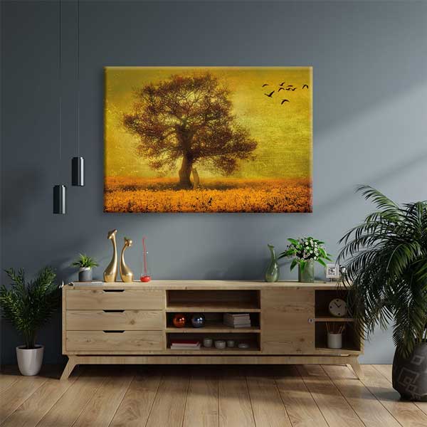 Altın Tonlu Tarlada Ağaç ve Kuşlar Kanvas Tablo 4396