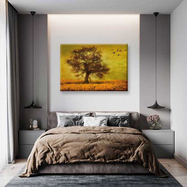 Altın Tonlu Tarlada Ağaç ve Kuşlar Kanvas Tablo 4396