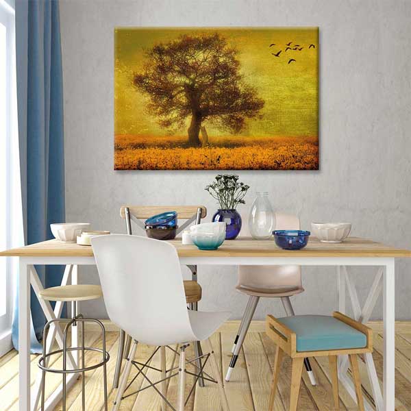 Altın Tonlu Tarlada Ağaç ve Kuşlar Kanvas Tablo 4396