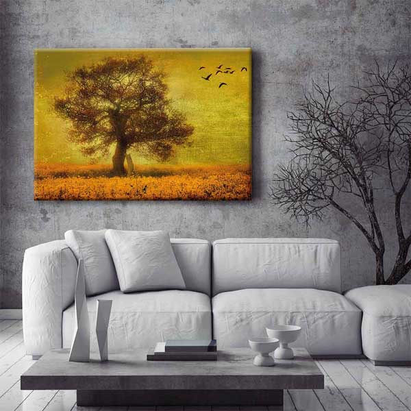 Altın Tonlu Tarlada Ağaç ve Kuşlar Kanvas Tablo 4396