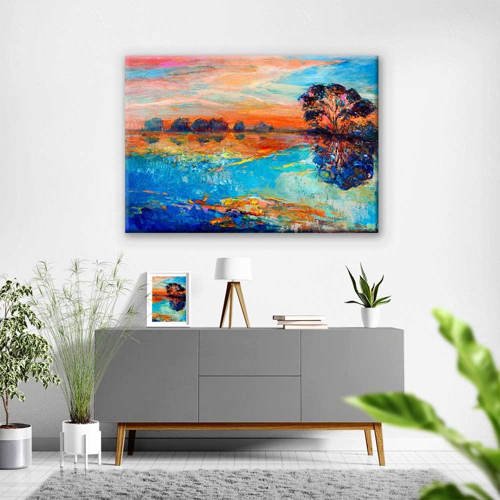 Renkli Gün Batımı ve Ağaç Yansıması Manzara Kanvas Tablo 2133