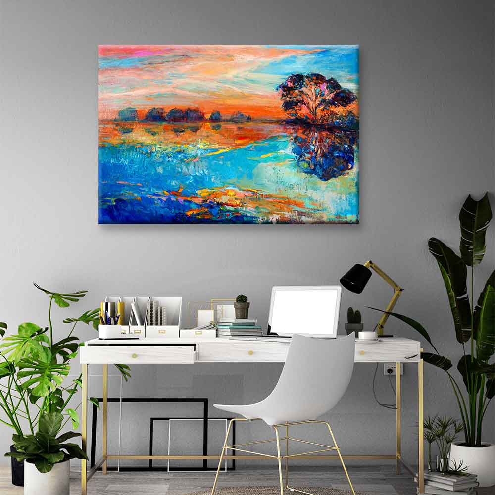 Renkli Gün Batımı ve Ağaç Yansıması Manzara Kanvas Tablo 2133
