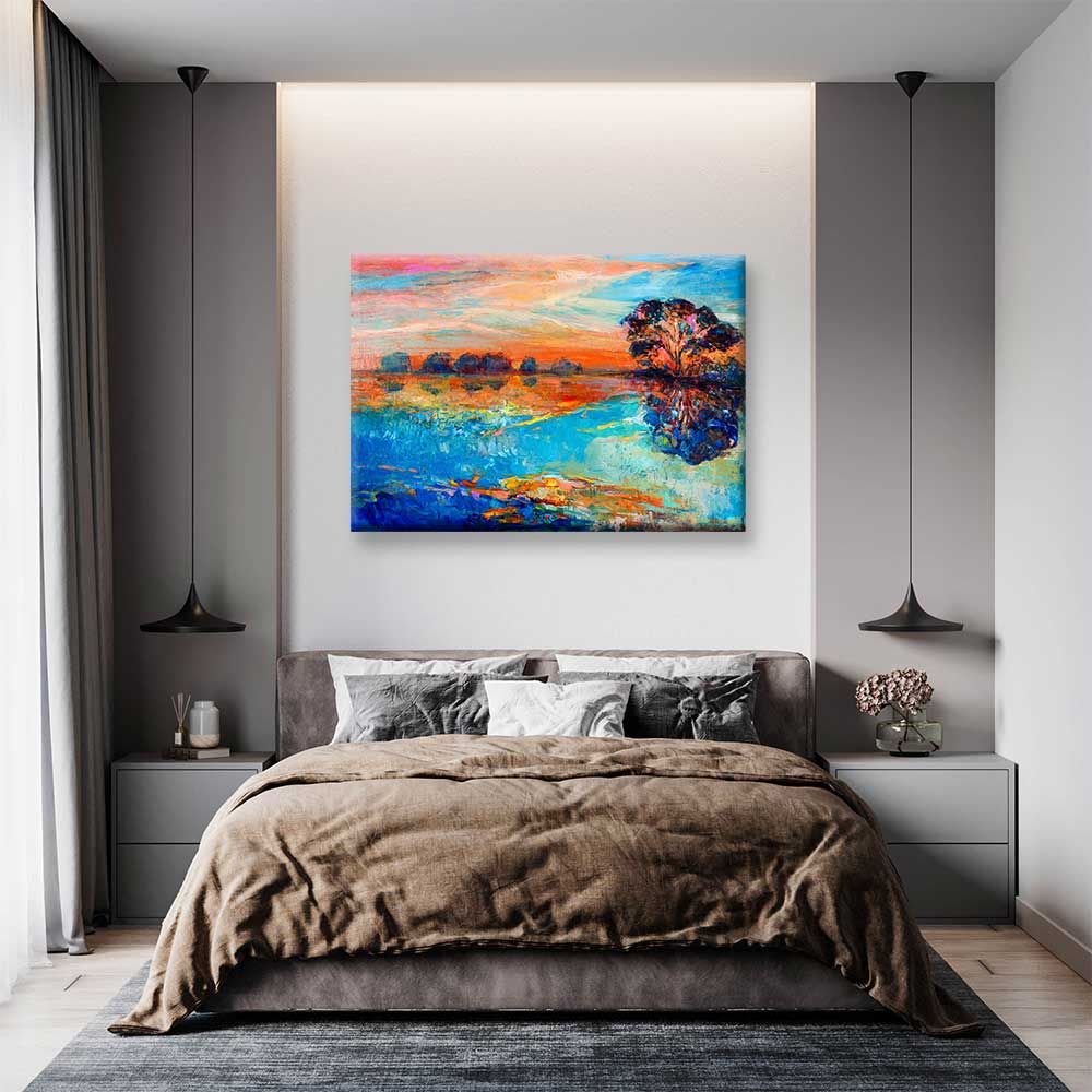 Renkli Gün Batımı ve Ağaç Yansıması Manzara Kanvas Tablo 2133