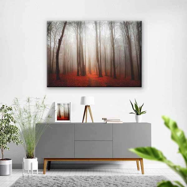 Sisli Ormanda Gün Işığı ve Sonbahar Yaprakları Kanvas Tablo 2178