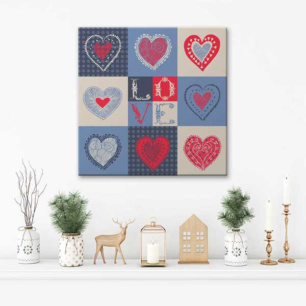 Vintage Desenli Kalpler Love Romantik Kanvas Tablo 4472