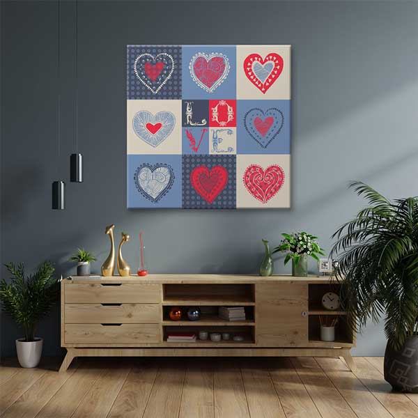 Vintage Desenli Kalpler Love Romantik Kanvas Tablo 4472