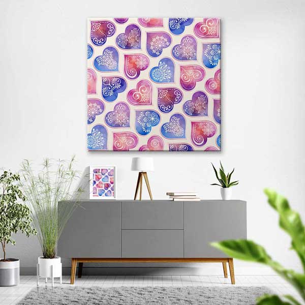 Pastel Desenli Kalpler Romantik Kanvas Tablo 4476