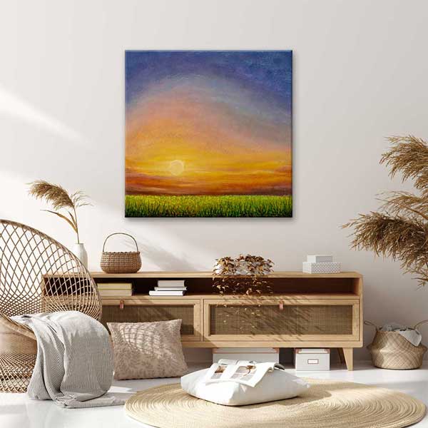 Gün Batımı ve Yeşil Kır Ovası Manzarası Kanvas Tablo 4692