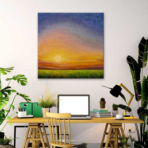 Gün Batımı ve Yeşil Kır Ovası Manzarası Kanvas Tablo 4692