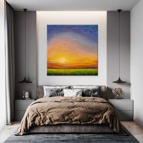 Gün Batımı ve Yeşil Kır Ovası Manzarası Kanvas Tablo 4692