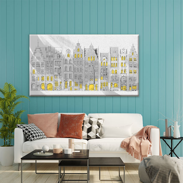 Tarihi Binalar İllüstrasyonu Sarı Detaylı Kanvas Tablo – 5549