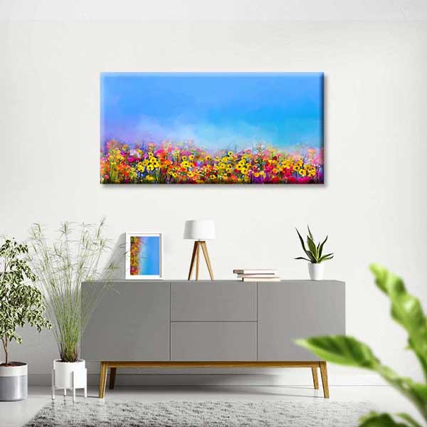 Mavi Gökyüzü Altında Renkli Kır Çiçekleri Temalı Kanvas Tablo 4231