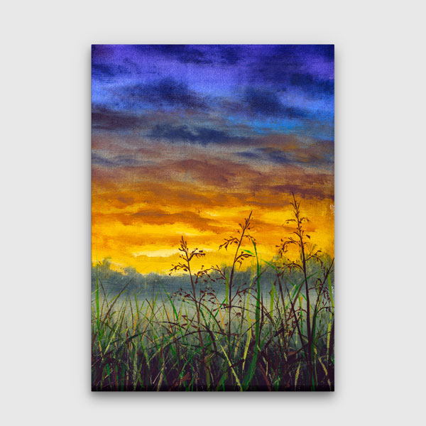 Gün Batımı ve Çayır Siluetleri Dikey Kanvas Tablo 4399