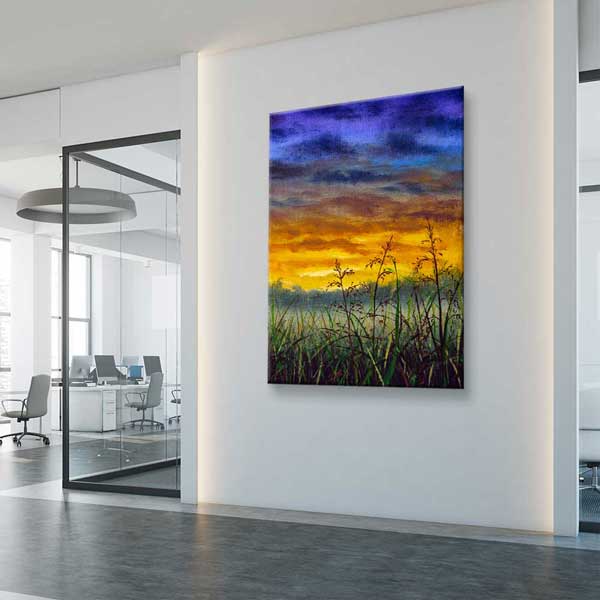 Gün Batımı ve Çayır Siluetleri Dikey Kanvas Tablo 4399