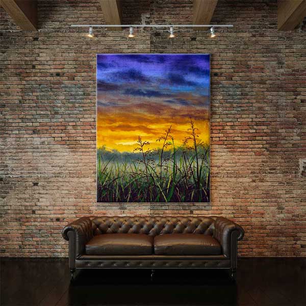 Gün Batımı ve Çayır Siluetleri Dikey Kanvas Tablo 4399