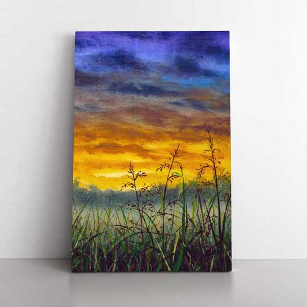 Gün Batımı ve Çayır Siluetleri Dikey Kanvas Tablo 4399