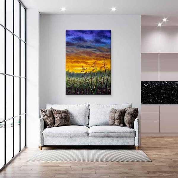 Gün Batımı ve Çayır Siluetleri Dikey Kanvas Tablo 4399