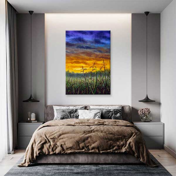 Gün Batımı ve Çayır Siluetleri Dikey Kanvas Tablo 4399