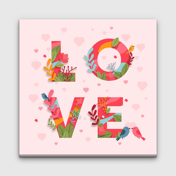 Çiçekli Love Yazılı Romantik Kanvas Tablo 4478