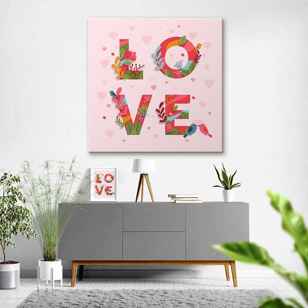 Çiçekli Love Yazılı Romantik Kanvas Tablo 4478