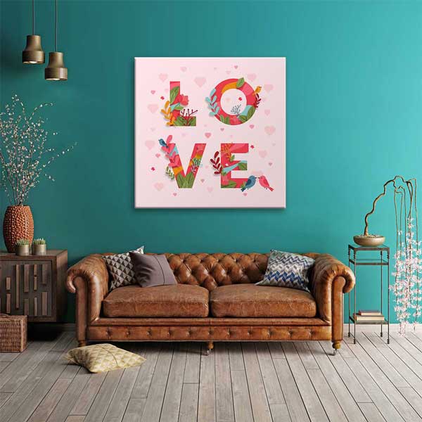 Çiçekli Love Yazılı Romantik Kanvas Tablo 4478