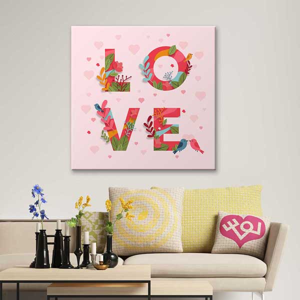 Çiçekli Love Yazılı Romantik Kanvas Tablo 4478