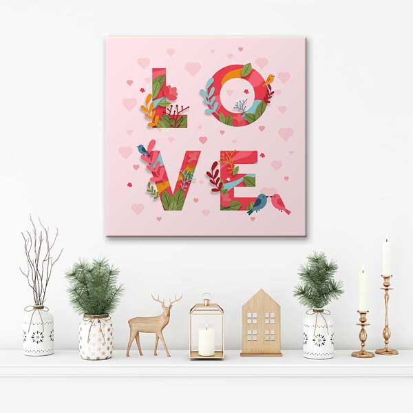 Çiçekli Love Yazılı Romantik Kanvas Tablo 4478