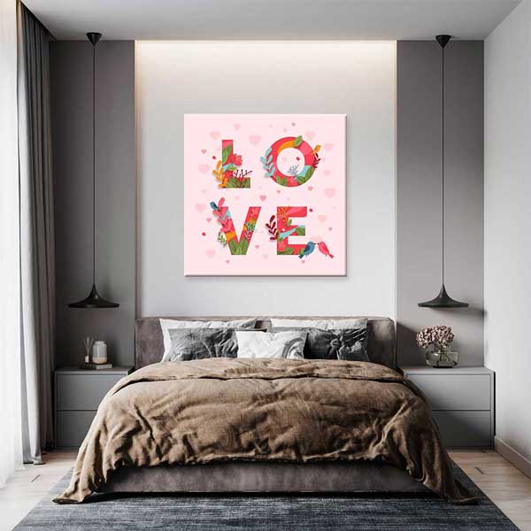 Çiçekli Love Yazılı Romantik Kanvas Tablo 4478