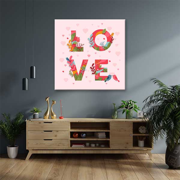 Çiçekli Love Yazılı Romantik Kanvas Tablo 4478