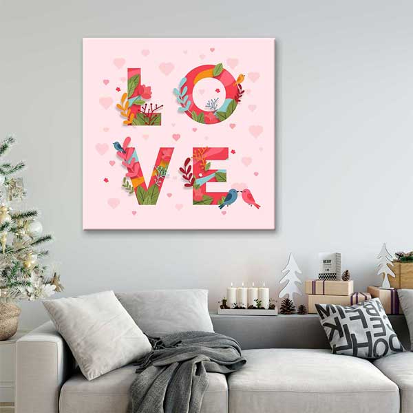 Çiçekli Love Yazılı Romantik Kanvas Tablo 4478