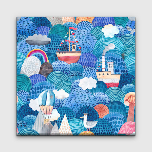 Renkli Dalgalar Üzerinde Gemiler İllüstratif Deniz Temalı Duvar Tablosu 4594