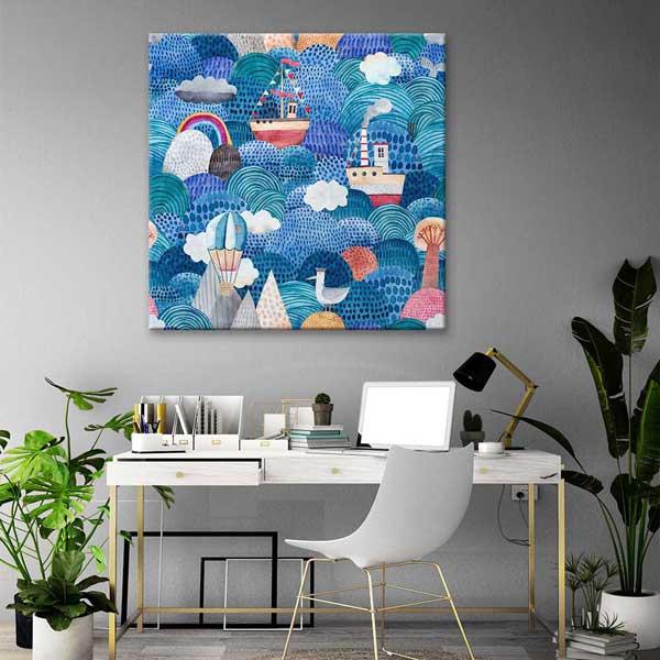 Renkli Dalgalar Üzerinde Gemiler İllüstratif Deniz Temalı Duvar Tablosu 4594