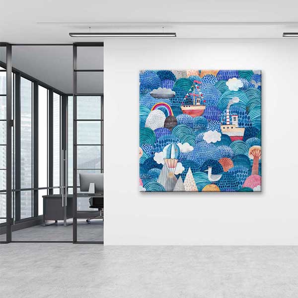 Renkli Dalgalar Üzerinde Gemiler İllüstratif Deniz Temalı Duvar Tablosu 4594