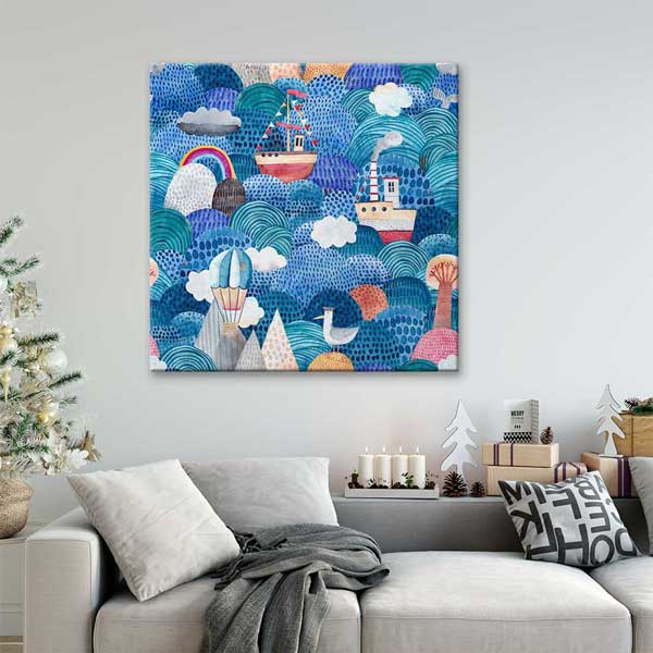 Renkli Dalgalar Üzerinde Gemiler İllüstratif Deniz Temalı Duvar Tablosu 4594