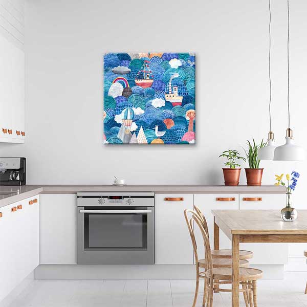 Renkli Dalgalar Üzerinde Gemiler İllüstratif Deniz Temalı Duvar Tablosu 4594