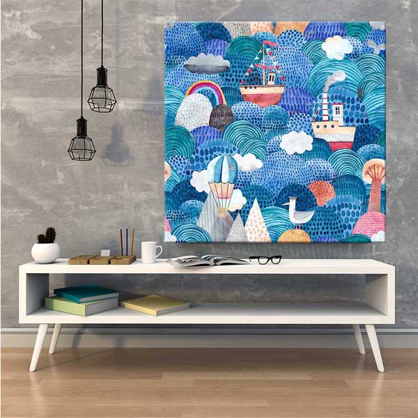 Renkli Dalgalar Üzerinde Gemiler İllüstratif Deniz Temalı Duvar Tablosu 4594