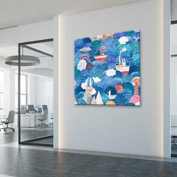 Renkli Dalgalar Üzerinde Gemiler İllüstratif Deniz Temalı Duvar Tablosu 4594