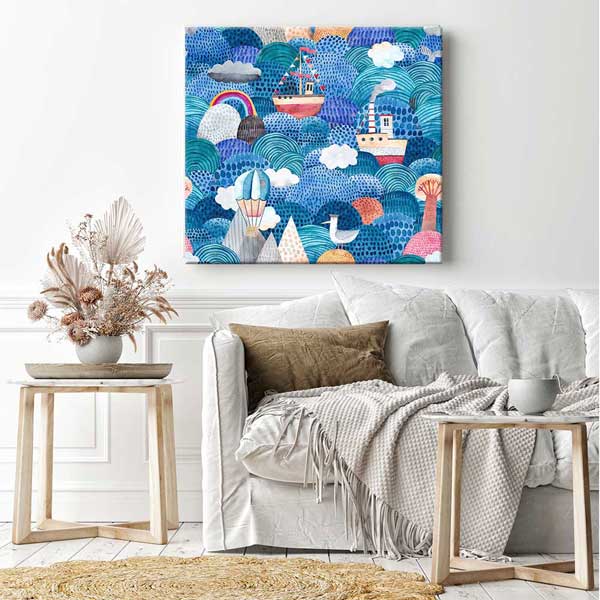 Renkli Dalgalar Üzerinde Gemiler İllüstratif Deniz Temalı Duvar Tablosu 4594