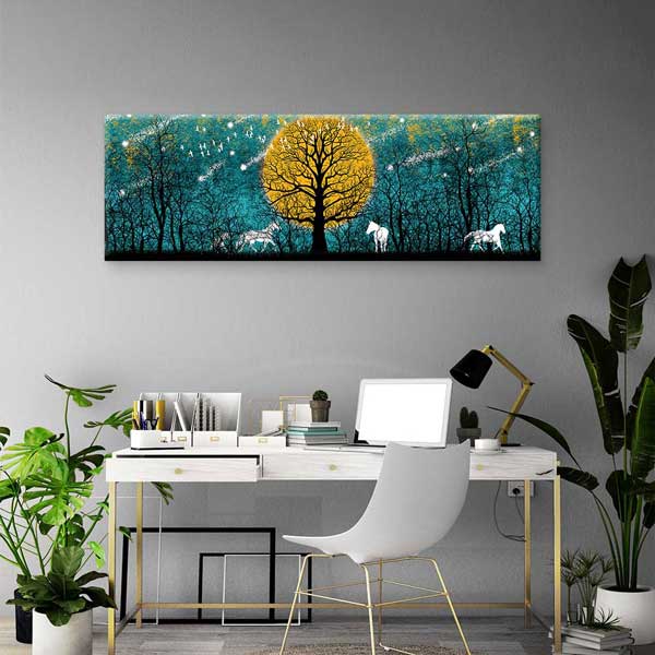 Altın Ay ve Beyaz Atlar Masalsı Orman Dijital Sanat Kanvas Duvar Tablosu 4805