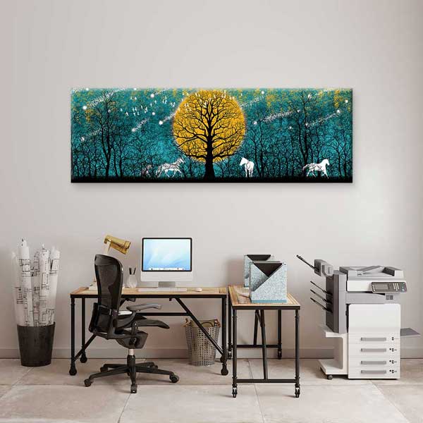 Altın Ay ve Beyaz Atlar Masalsı Orman Dijital Sanat Kanvas Duvar Tablosu 4805