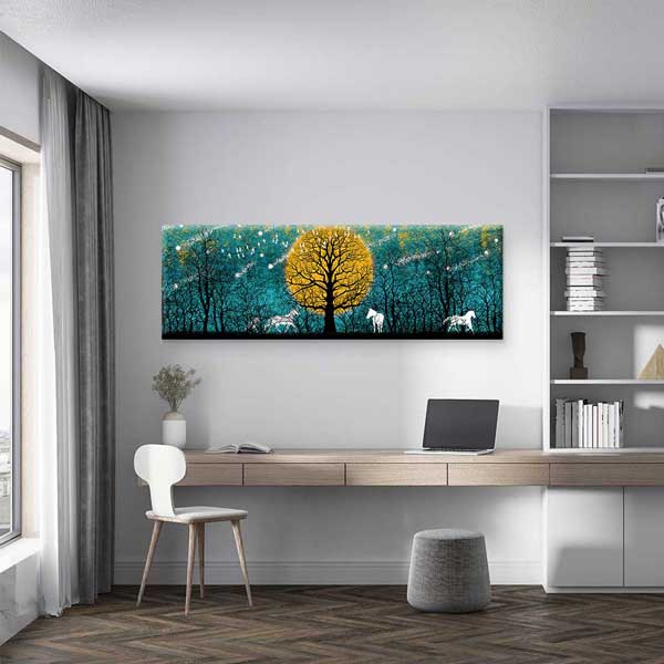 Altın Ay ve Beyaz Atlar Masalsı Orman Dijital Sanat Kanvas Duvar Tablosu 4805