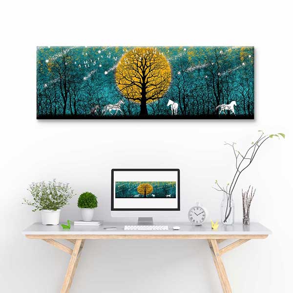 Altın Ay ve Beyaz Atlar Masalsı Orman Dijital Sanat Kanvas Duvar Tablosu 4805