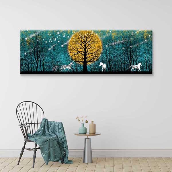 Altın Ay ve Beyaz Atlar Masalsı Orman Dijital Sanat Kanvas Duvar Tablosu 4805