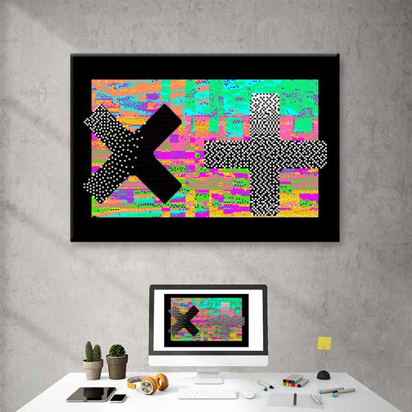 Dijital Glitch Art X ve Artı Sembolü Kanvas Duvar Tablosu 4806