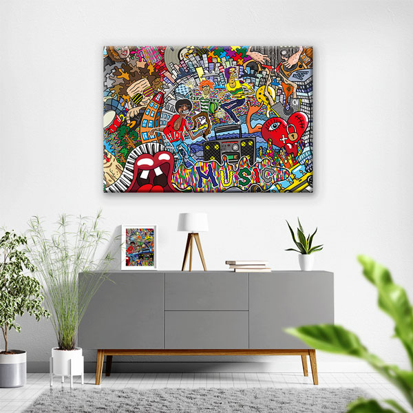 Müzik ve Şehir Kolajı Grafiti Kanvas Tablo 4990