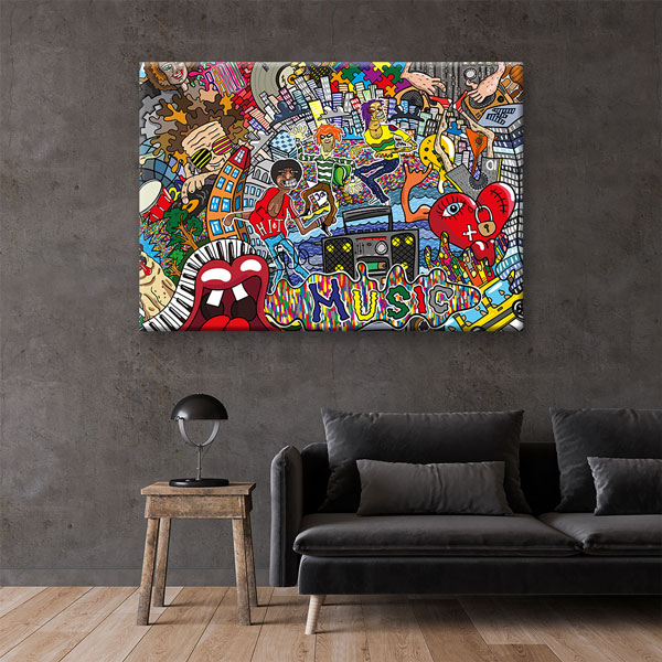 Müzik ve Şehir Kolajı Grafiti Kanvas Tablo 4990