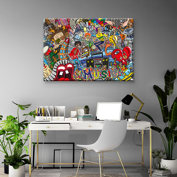 Müzik ve Şehir Kolajı Grafiti Kanvas Tablo 4990