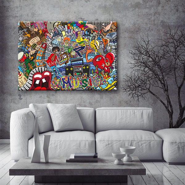 Müzik ve Şehir Kolajı Grafiti Kanvas Tablo 4990