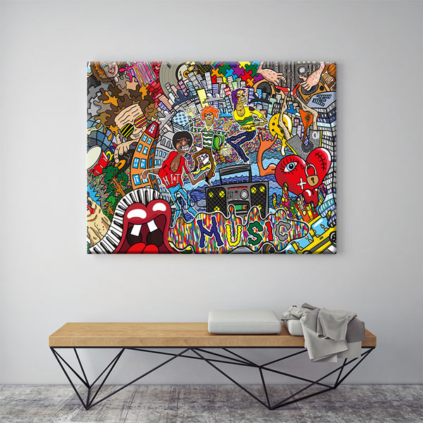 Müzik ve Şehir Kolajı Grafiti Kanvas Tablo 4990