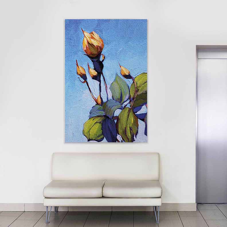Mavi Fon Üzerinde Tomurcuk Çiçek Temalı Kanvas Tablo 5209